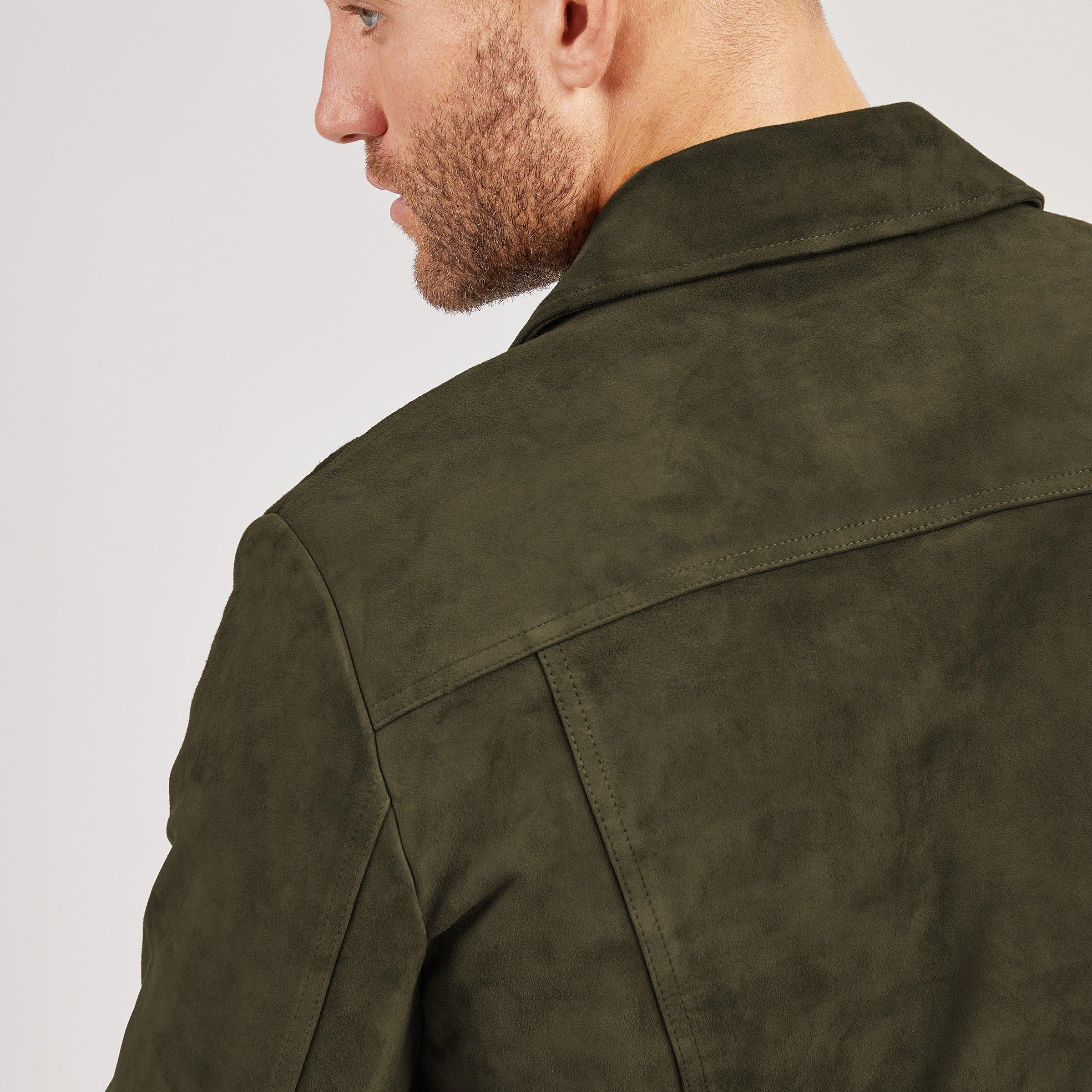 Handmade Olive Green Suede Leather Trucker Jacket - RoscowLeatherStudio