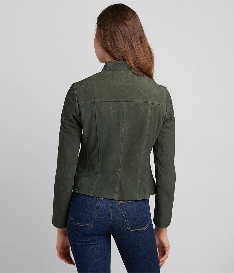 Handmade Green Suede Leather Trucker Jacket - Women's Western Style - RoscowLeatherStudio