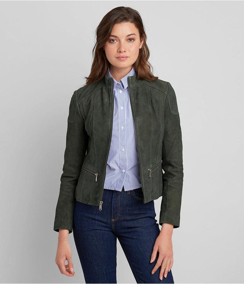Handmade Green Suede Leather Trucker Jacket - Women's Western Style - RoscowLeatherStudio