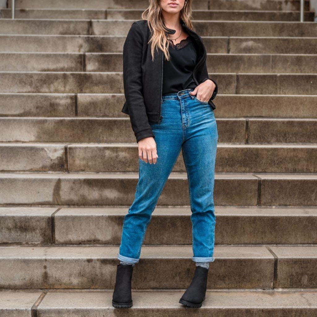 Handmade Black Suede Leather Trucker Jacket: Women's Western Biker Style - RoscowLeatherStudio