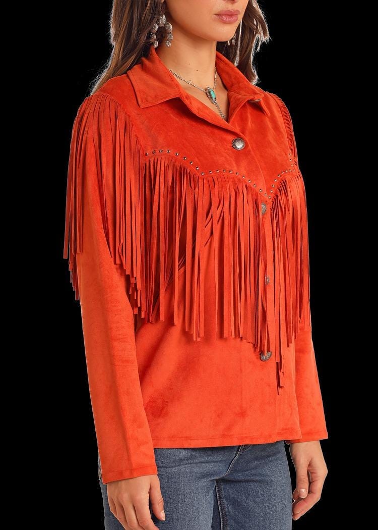 Red Faux Suede Fringe Jacket: Western Cowgirl Style - RoscowLeatherStudio