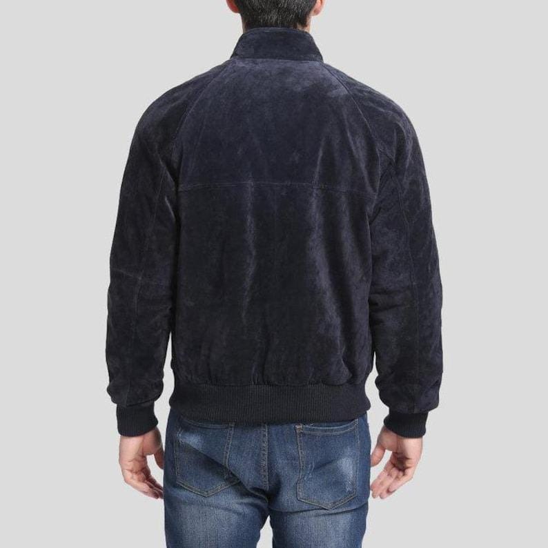 Handmade Blue Suede Leather Trucker Jacket, Western Bomber - RoscowLeatherStudio
