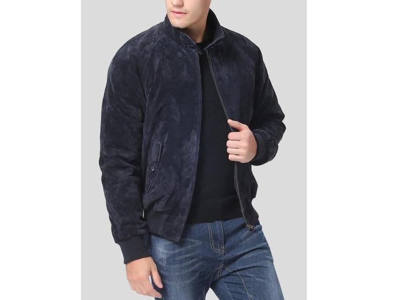 Handmade Blue Suede Leather Trucker Jacket, Western Bomber - RoscowLeatherStudio