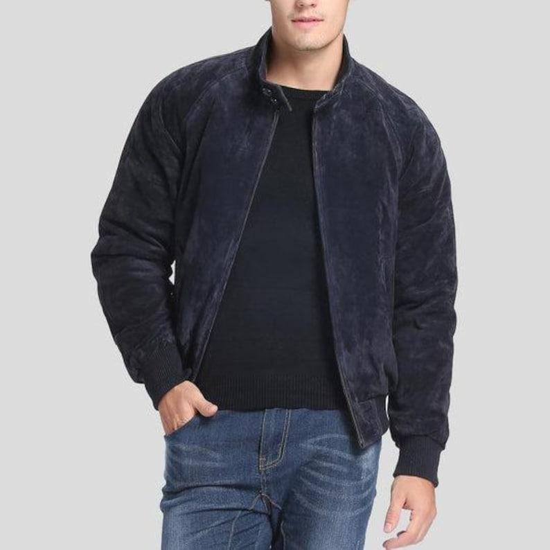 Handmade Blue Suede Leather Trucker Jacket, Western Bomber - RoscowLeatherStudio