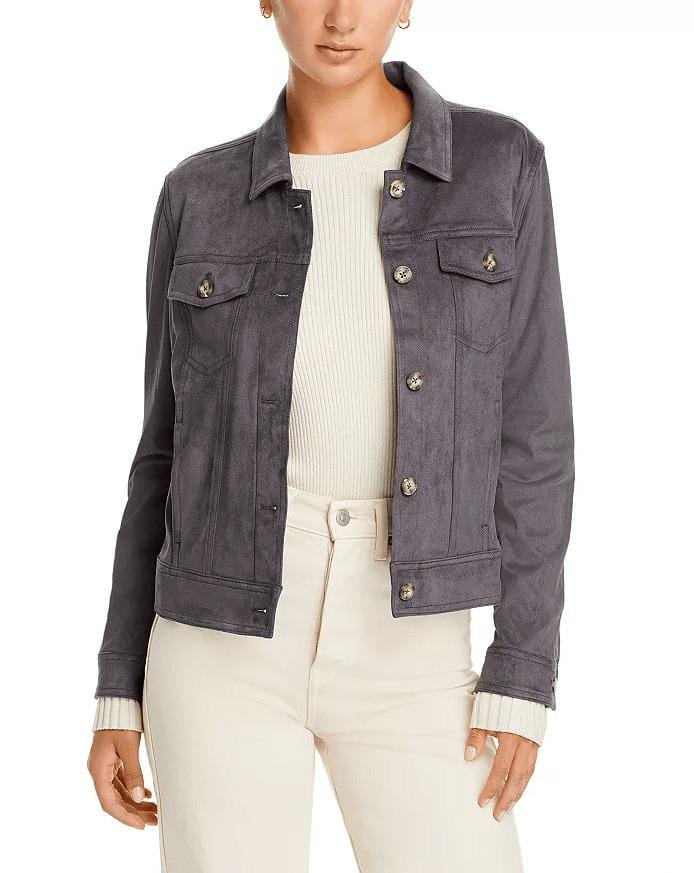 Handmade Grey Suede Leather Trucker Jacket - Women's Western Bomber - RoscowLeatherStudio