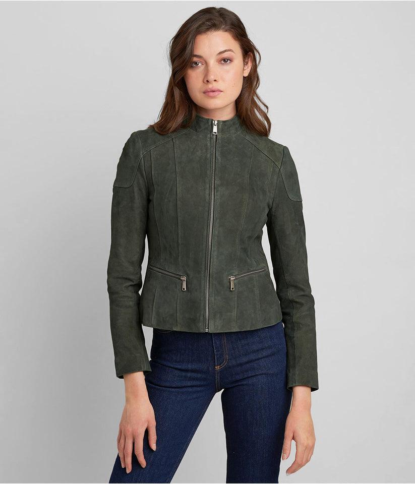 Handmade Green Suede Leather Trucker Jacket - Women's Western Style - RoscowLeatherStudio