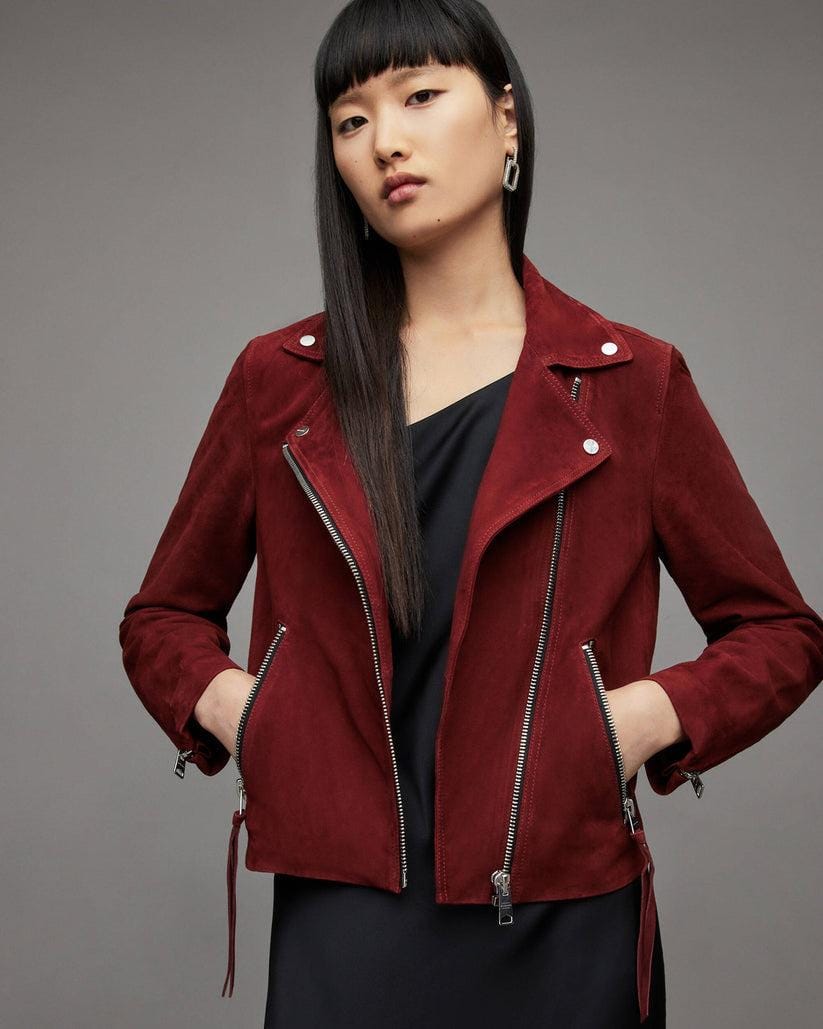 Handmade Red Suede Leather Trucker Jacket: Women's Western Bomber - RoscowLeatherStudio