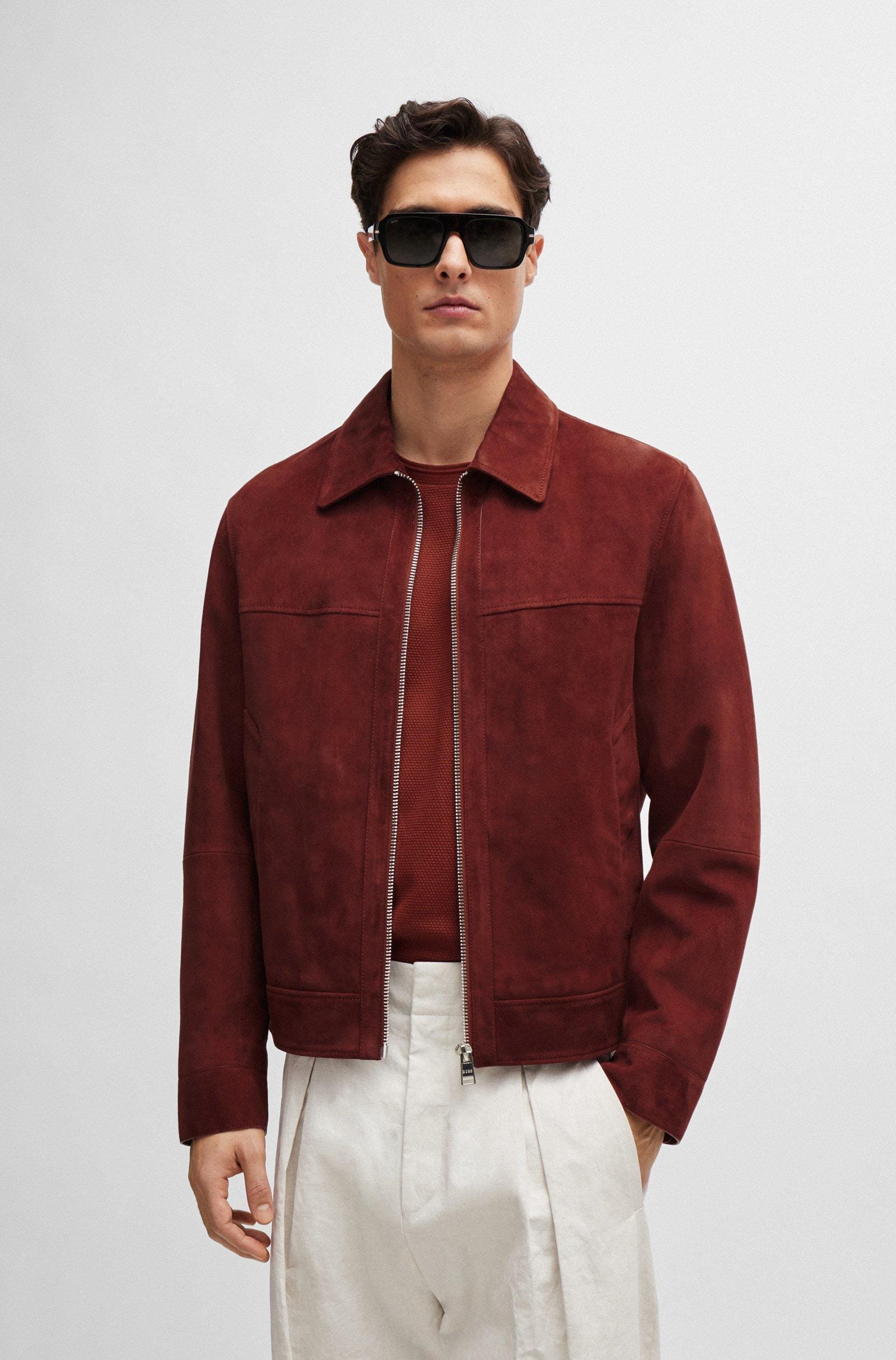 Handmade Red Suede Leather Motorcycle Jacket - Men's Western Style - RoscowLeatherStudio