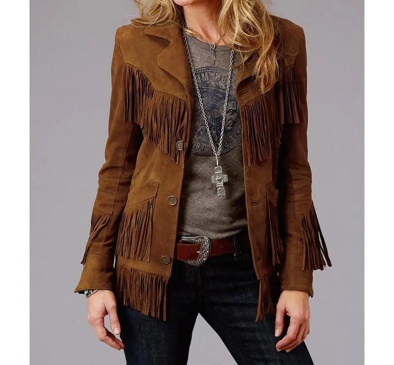 Brown Suede Fringe Western Jacket: Women's Boho Rodeo Coat - RoscowLeatherStudio