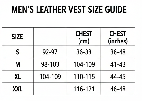 leather vest with size guide on a white background
